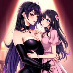 A stunning anime-style illustration featuring a captivating dominatrix with long, flowing black hair, styled in wavy bangs, with the ends dyed a striking purple