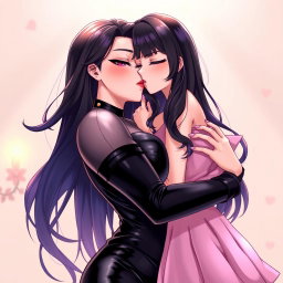 A captivating anime-style illustration featuring a striking dominatrix with long, flowing black hair styled in wavy bangs, with the ends dyed a vibrant purple