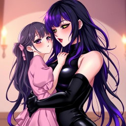 A captivating anime-style illustration featuring a striking dominatrix with long, flowing black hair styled in wavy bangs, with the ends dyed a vibrant purple