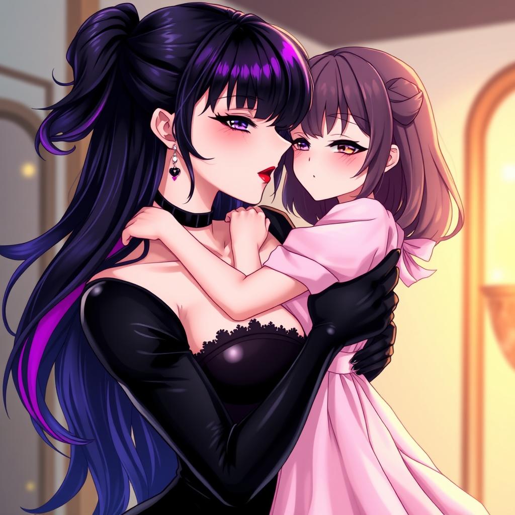 A captivating anime-style illustration featuring a striking dominatrix with long, flowing black hair styled in wavy bangs, with the ends dyed a vibrant purple