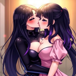 A captivating anime-style illustration featuring a striking dominatrix with long, flowing black hair styled in wavy bangs, with the ends dyed a vibrant purple