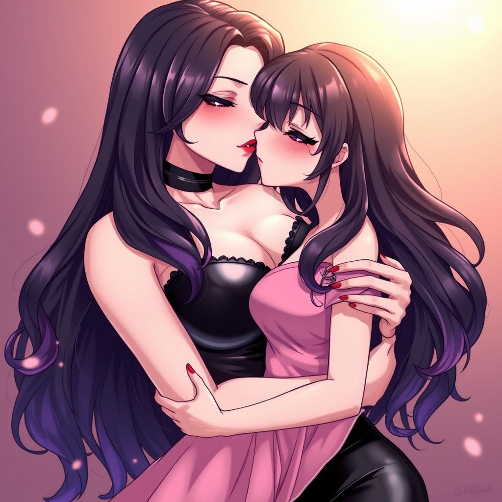 A beautiful anime-style illustration depicting a powerful dominatrix with long, wavy black hair, the ends dyed in a striking purple color
