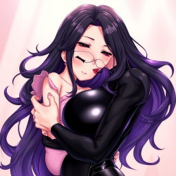 A beautiful anime-style illustration depicting a powerful dominatrix with long, wavy black hair, the ends dyed in a striking purple color