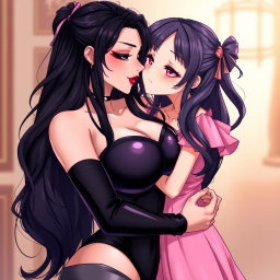 A beautiful anime-style illustration depicting a powerful dominatrix with long, wavy black hair, the ends dyed in a striking purple color