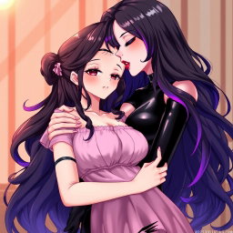 A beautiful anime-style illustration depicting a powerful dominatrix with long, wavy black hair, the ends dyed in a striking purple color