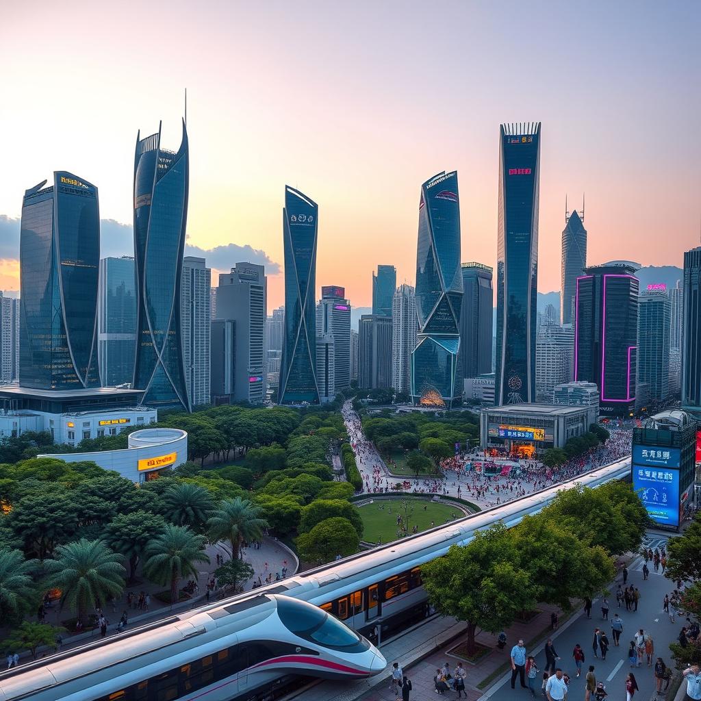 A vibrant cityscape of Shenzhen, showcasing futuristic skyscrapers with unique architectural designs, lush green parks, and bustling streets filled with people
