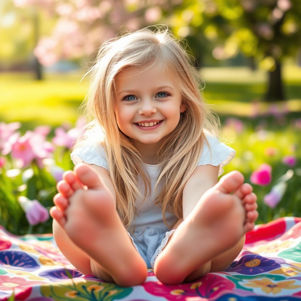 A cute blonde girl with blue eyes playfully showing her feet