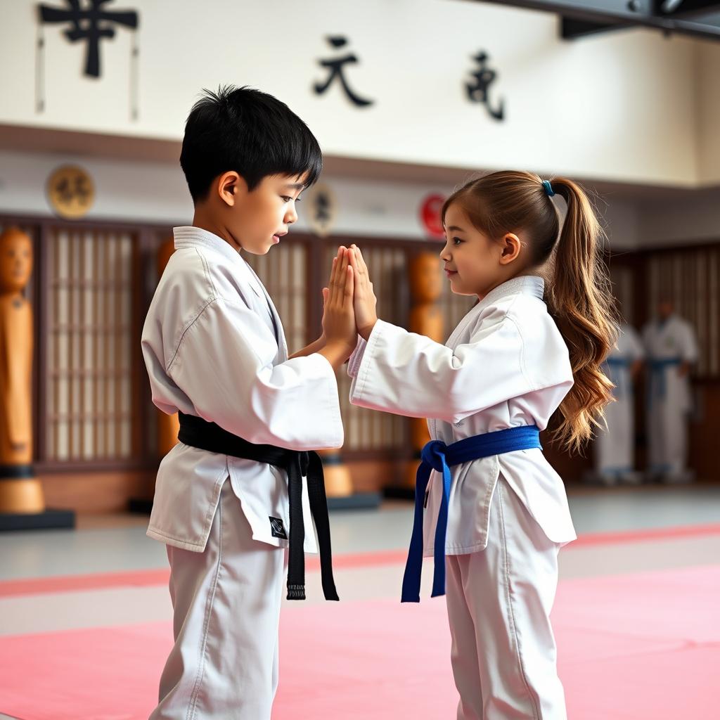 Two teenage karate siblings, a boy and a girl, performing a traditional bow to each other on a dojo mat