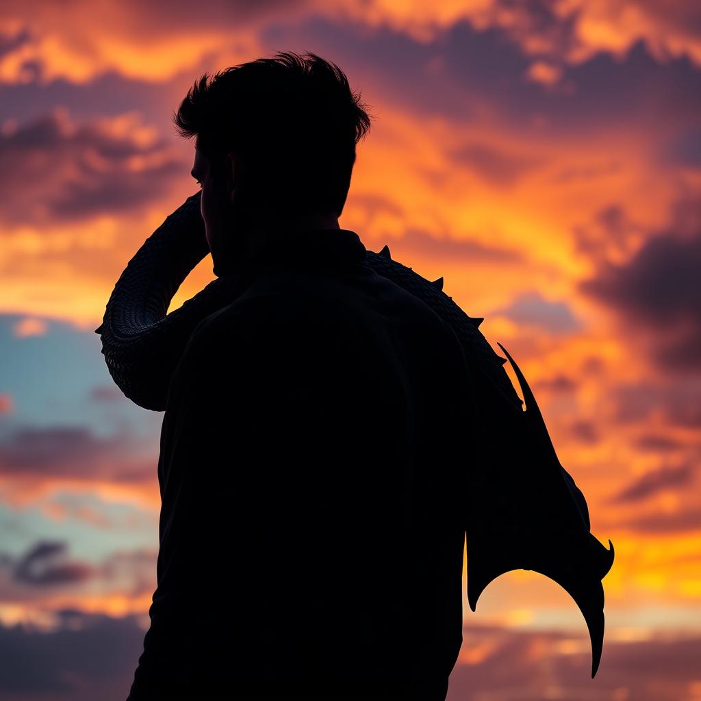 A striking image of a male silhouette looking back over his shoulder, with a majestic dragon coiled around his back