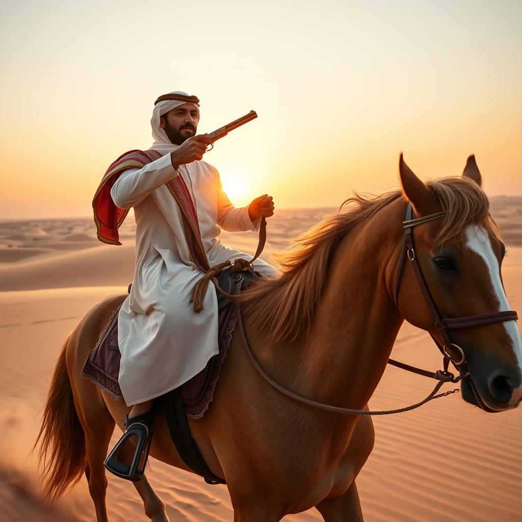 A skilled Arabian horseman dressed in traditional attire, gracefully riding a majestic Arabian horse through a vast desert landscape