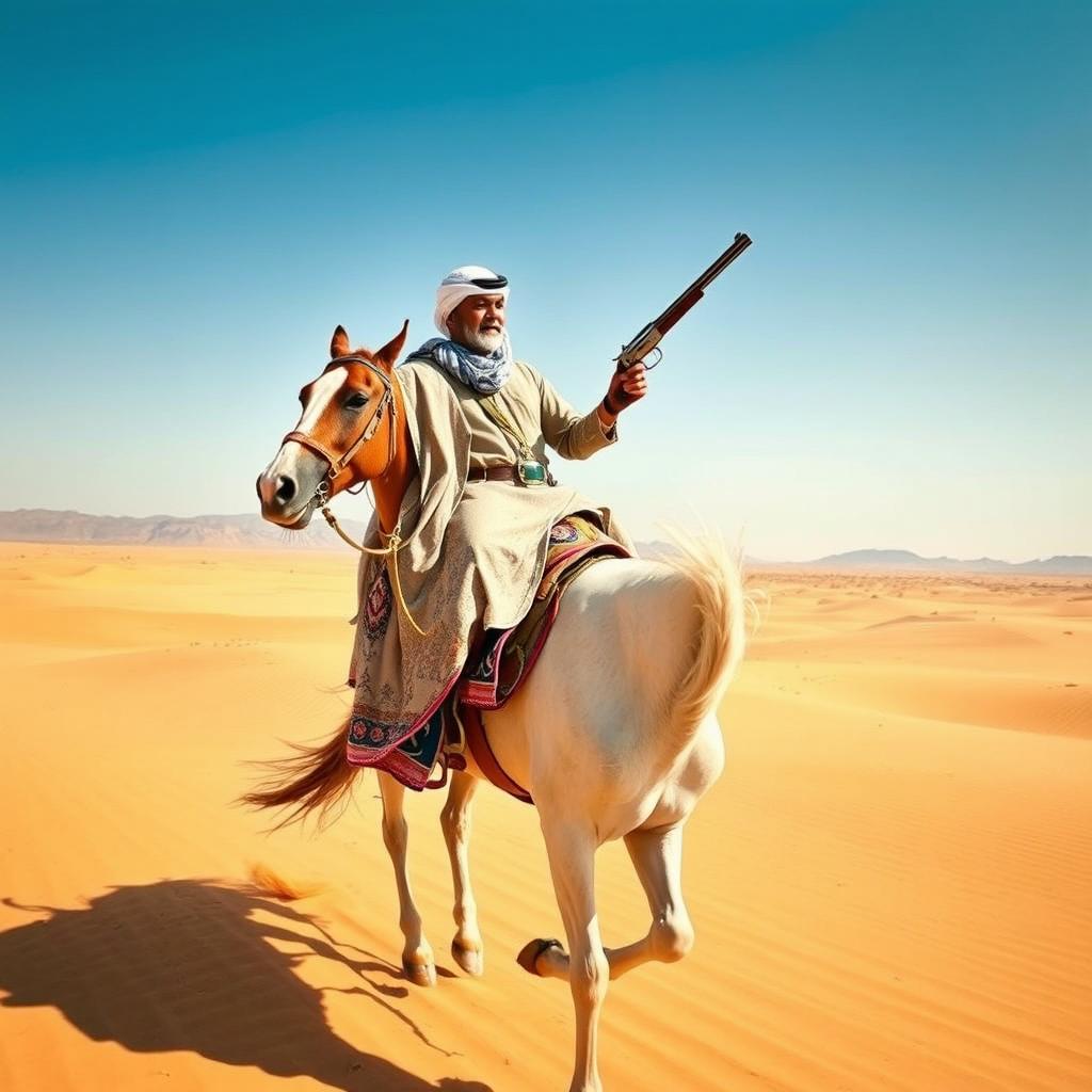 A skilled Arabian horseman clad in traditional attire, riding a majestic Arabian horse through a vast desert landscape