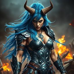 A full-body shot of a fierce armored warrior woman, captured in high quality and photo-realistic detail