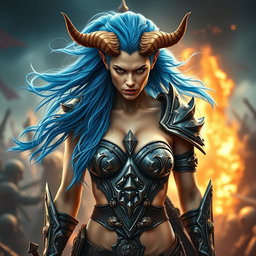 A full-body shot of a fierce armored warrior woman, captured in high quality and photo-realistic detail