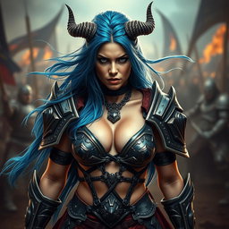 A full-body shot of a fierce armored warrior woman, captured in high quality and photo-realistic detail