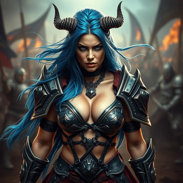 A full-body shot of a fierce armored warrior woman, captured in high quality and photo-realistic detail