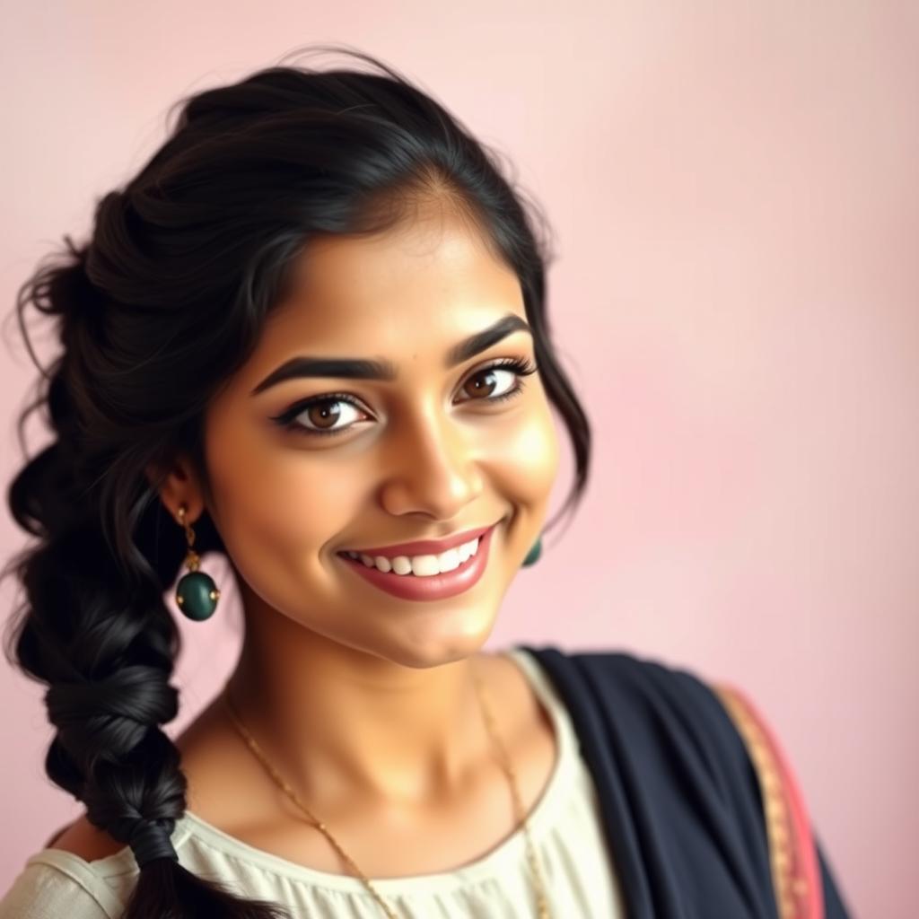 A beautiful South Asian woman, around 24 years old, with expressive eyes and a warm smile