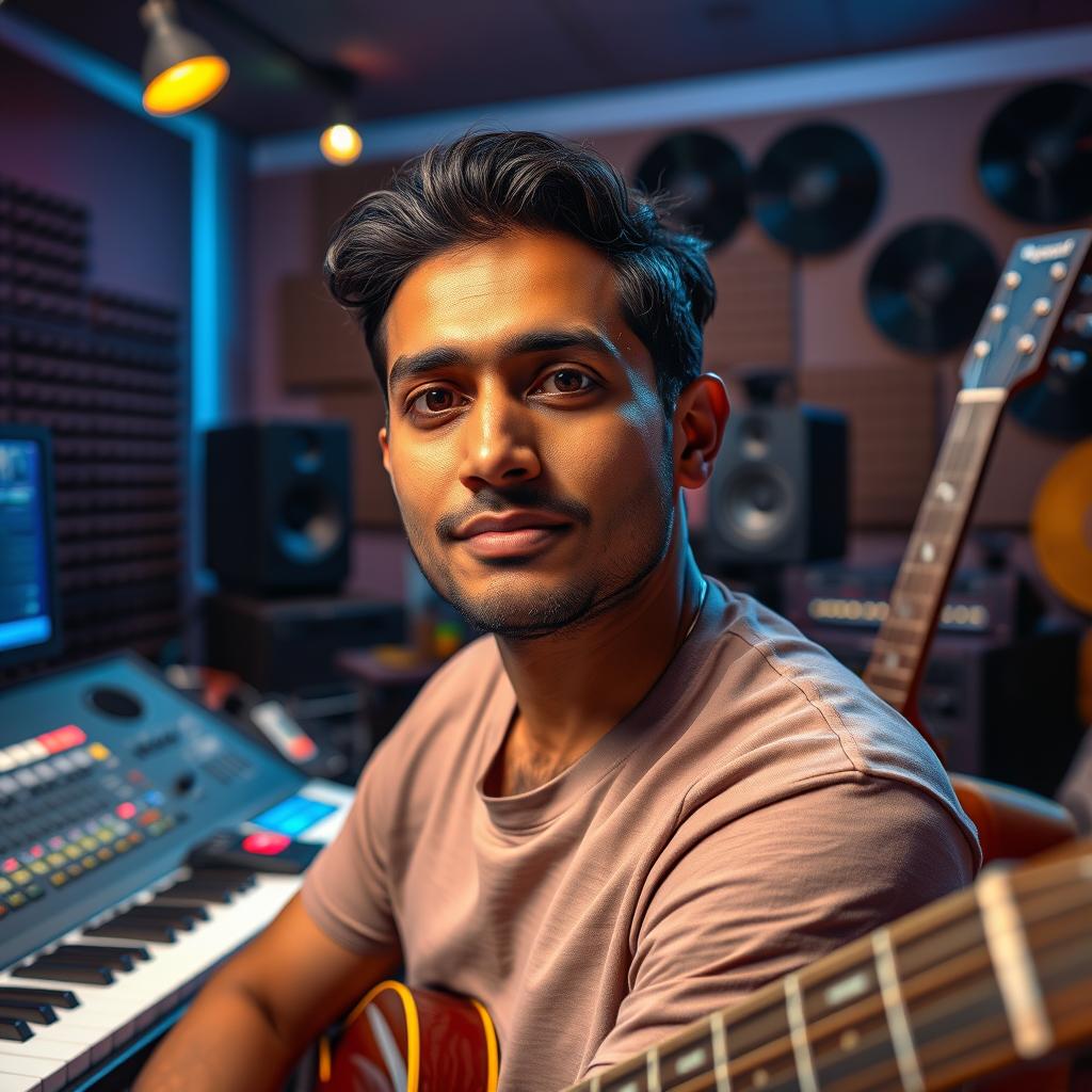 A hyperrealistic portrait of an Indian man sitting in a modern music studio