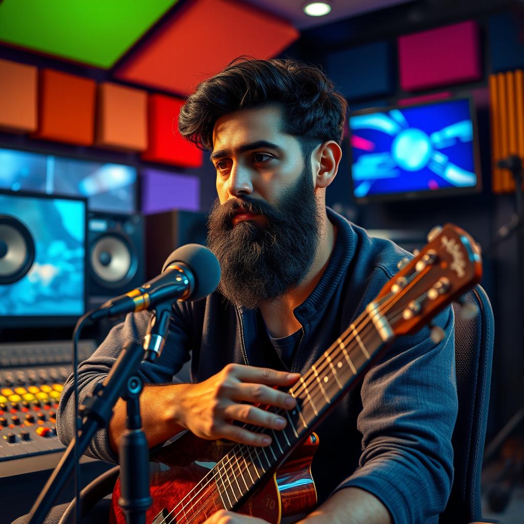 A hyperrealistic portrait of a bearded Indian man sitting in a modern music studio