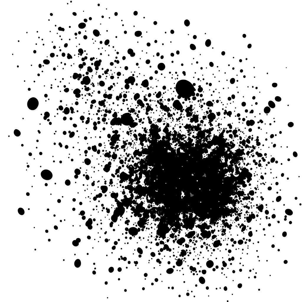 A mesmerizing abstract artwork depicting a dynamic scatter of black particles against a white background