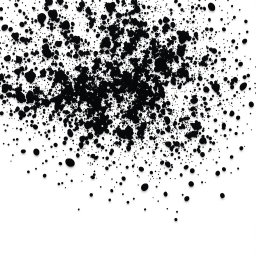 A mesmerizing abstract artwork depicting a dynamic scatter of black particles against a white background