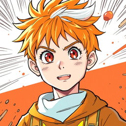 A vibrant manga-style illustration of a 10-year-old boy with bright orange hair, featuring a unique single streak of white hair