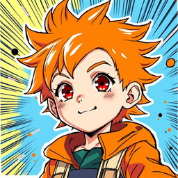 A vibrant manga-style illustration of a 10-year-old boy with bright orange hair, featuring a unique single streak of white hair