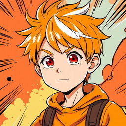 A vibrant manga-style illustration of a 10-year-old boy with bright orange hair, featuring a unique single streak of white hair