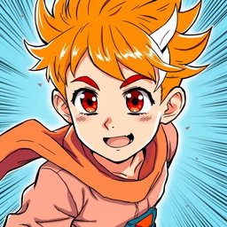 A vibrant manga-style illustration of a 10-year-old boy with bright orange hair, featuring a unique single streak of white hair