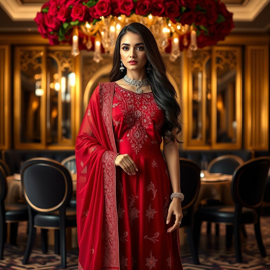 A luxurious fashion portrait of a woman dressed in an elegant deep red traditional South Asian outfit