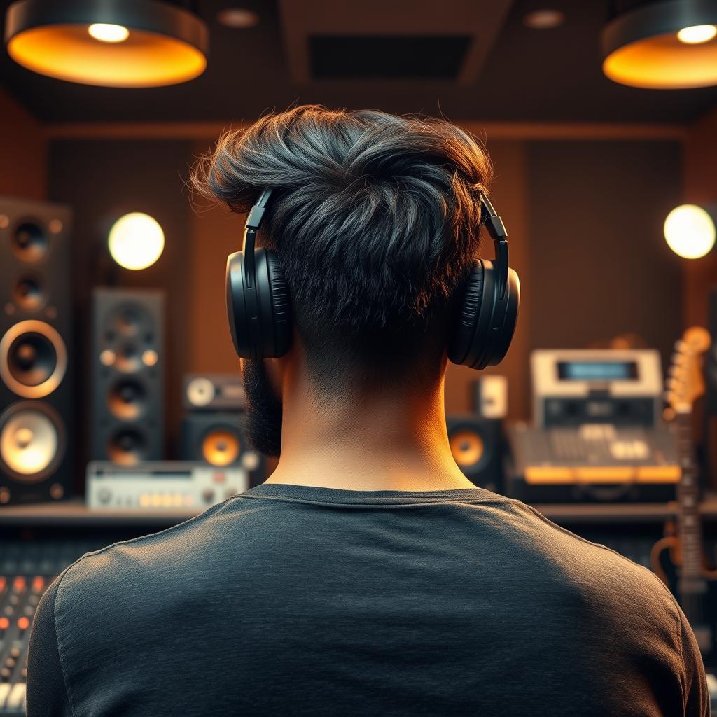 A hyperrealistic image of a short bearded Indian man wearing headphones, viewed from the back in a music studio
