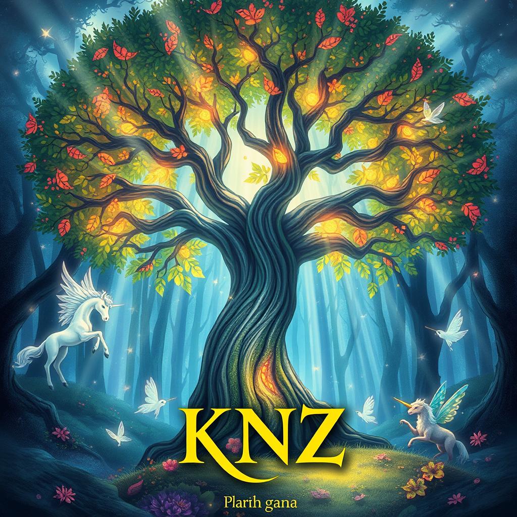 A beautifully illustrated cover for a fictional fantasy novel titled 'KNZ', featuring a mystical tree with vibrant, glowing leaves