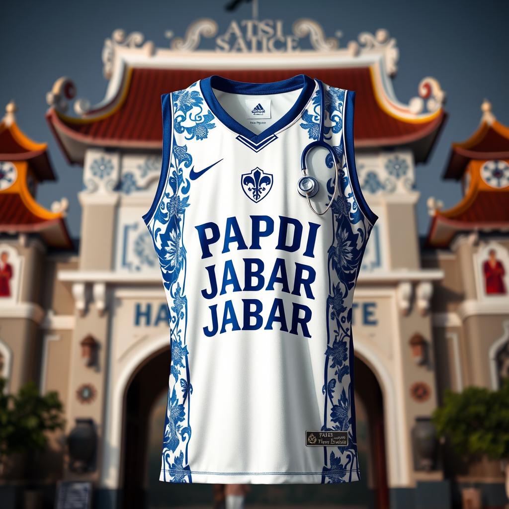 A striking white basketball jersey adorned with a blue motif and decorative ornaments