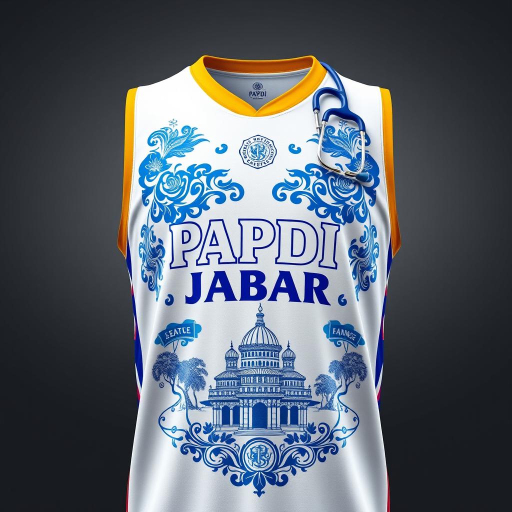 A modern white basketball jersey with a stunning blue motif and elaborate ornaments