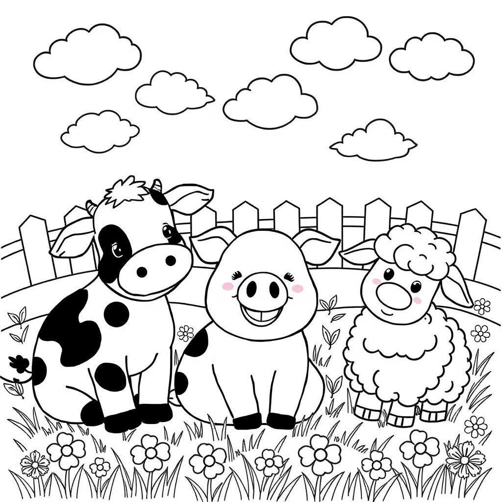 A delightful black and white drawing of three adorable farm animals: a cow, a pig, and a sheep