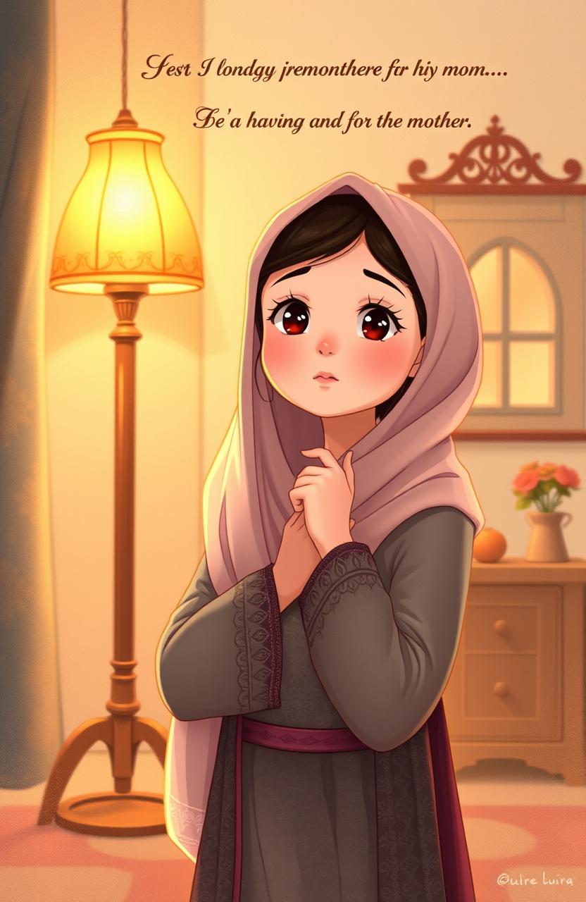 A beautiful illustration representing a Muslim girl in traditional attire, with a thoughtful expression, standing in a cozy room