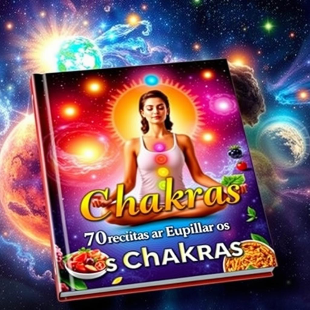A vibrant book cover featuring the theme of nutrition and spirituality, set against a stunning cosmic universe background