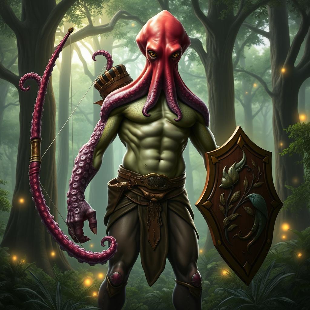 A fantastical octopus-human hybrid standing in a lush forest, embodying the characteristics of a druid