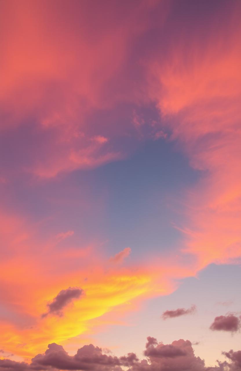 A beautiful sunset sky with vibrant hues of orange, pink, and purple blending together, interspersed with soft, fluffy clouds