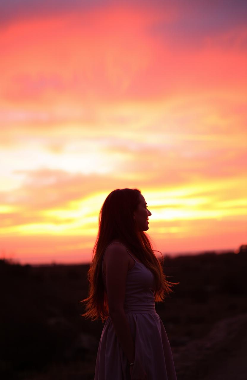 A beautiful sunset sky serves as the background, with vibrant hues of orange, pink, and purple blending together