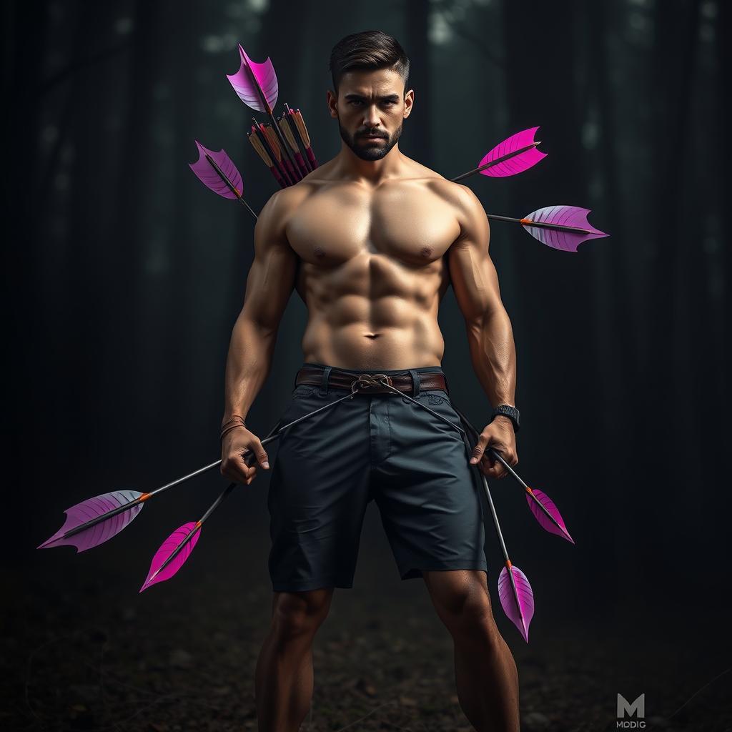 A dramatic scene featuring a strong male figure standing valiantly with arrows piercing his body and legs