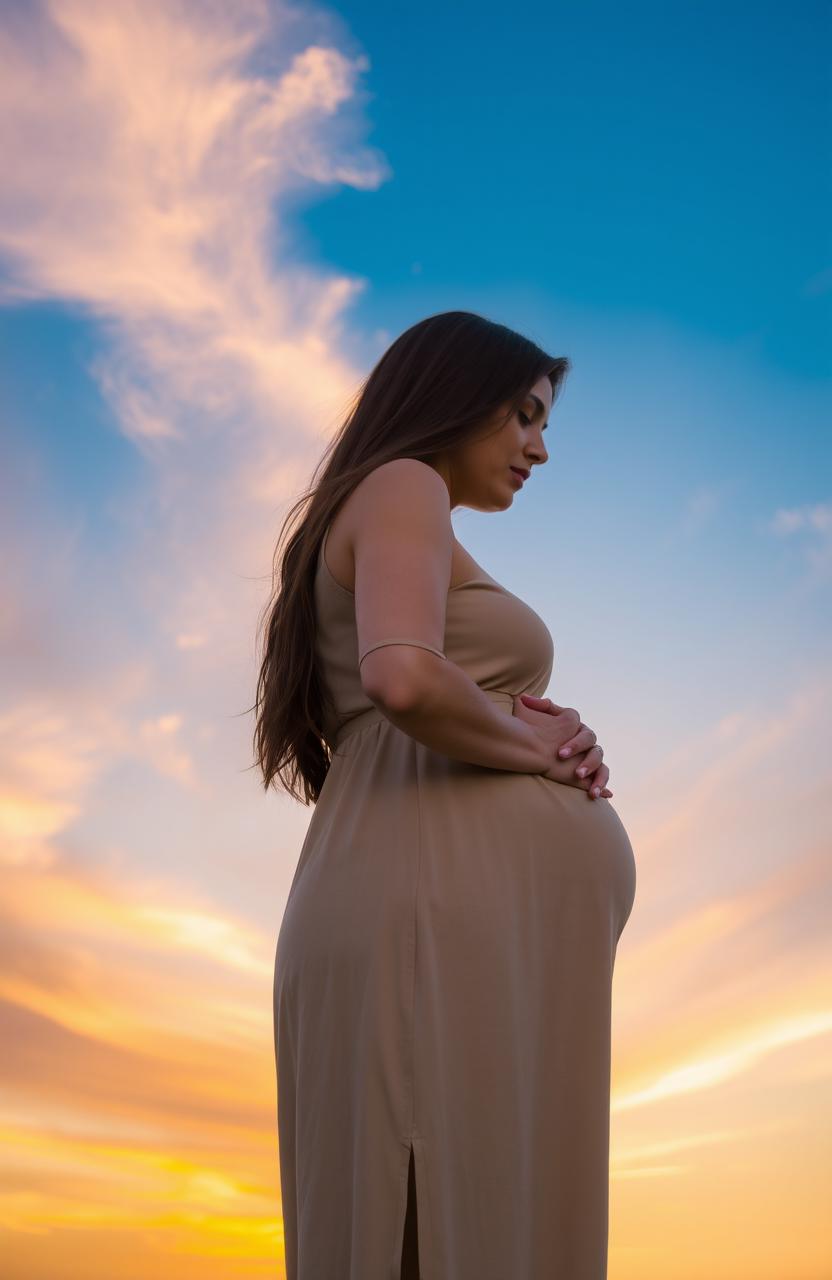 A beautiful sunset sky as the background, featuring a side profile of a woman wearing a simple dress