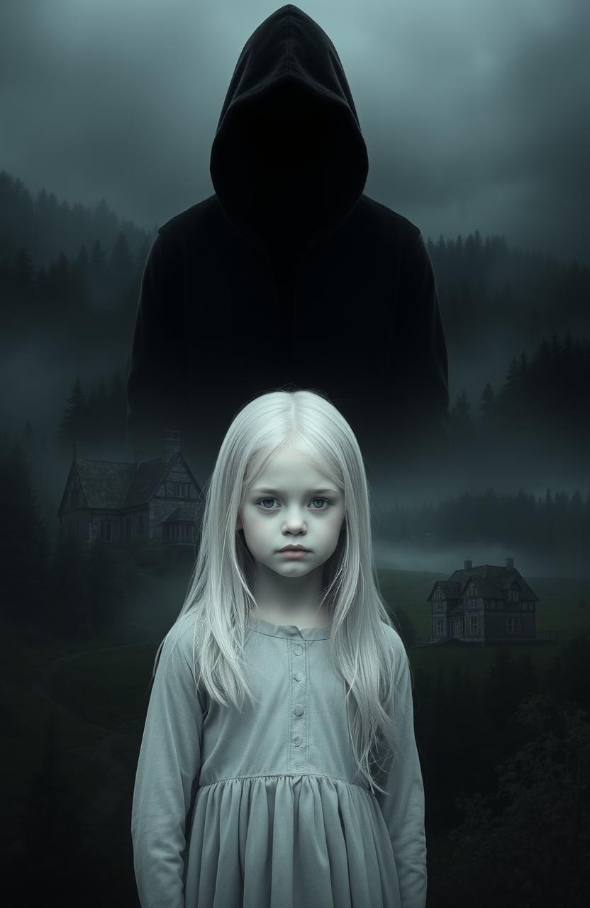 A white-haired girl with pale skin standing in the foreground, set against a mysterious village surrounded by trees, hinting at hidden secrets