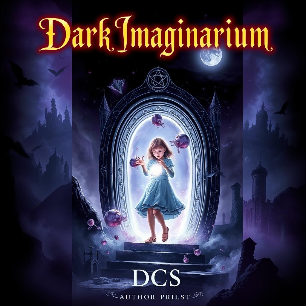 A gothic fantasy book cover featuring a young girl stepping through a glowing portal into another dimension