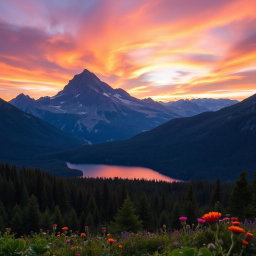A majestic view of a mountain landscape during sunset, with a vibrant sky filled with orange, pink, and purple hues