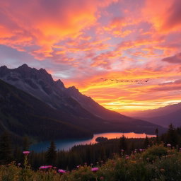 A majestic view of a mountain landscape during sunset, with a vibrant sky filled with orange, pink, and purple hues