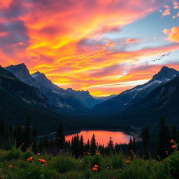 A majestic view of a mountain landscape during sunset, with a vibrant sky filled with orange, pink, and purple hues