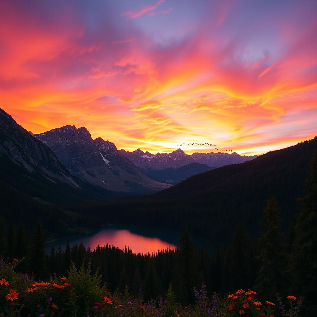 A majestic view of a mountain landscape during sunset, with a vibrant sky filled with orange, pink, and purple hues