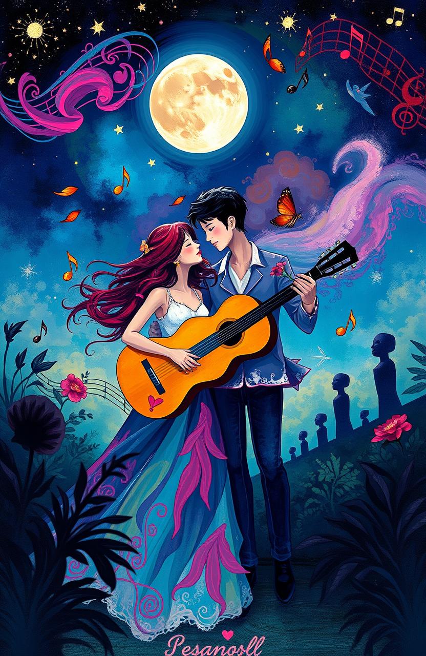 A captivating scene representing love, music, art, and mystery