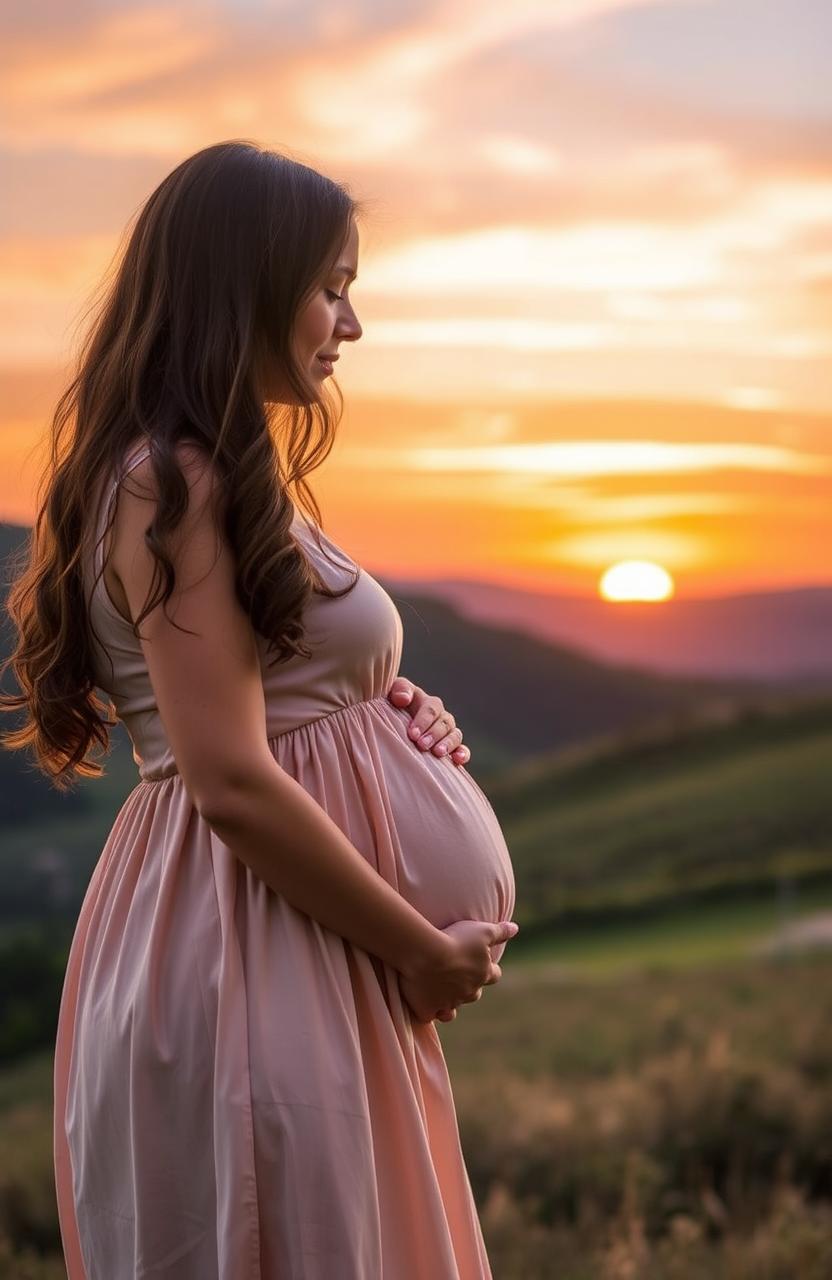 A beautiful sunset sky with warm hues and green hills in the background