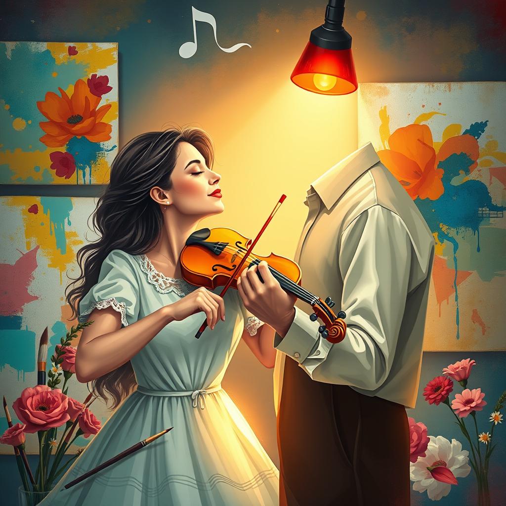A vibrant and romantic scene depicting love, music, and art